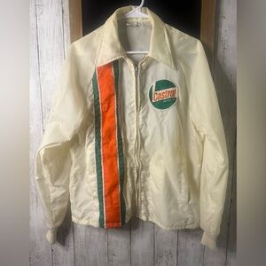 Vintage Men’s  Castrol Motor Oil White w/Orange Green Stripes Zipper Jacket L